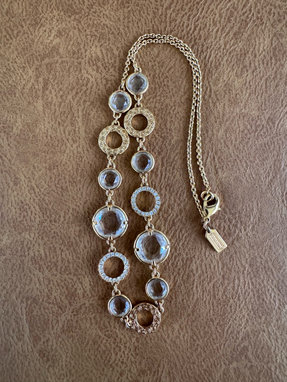 Coach Gold-Tone Circle Link Necklace with Clear Accents